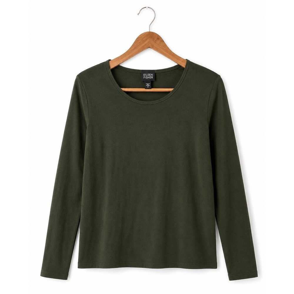Eileen Fisher Womens Forest Green Viscose Jersey Long Sleeve Top XS Made in USA